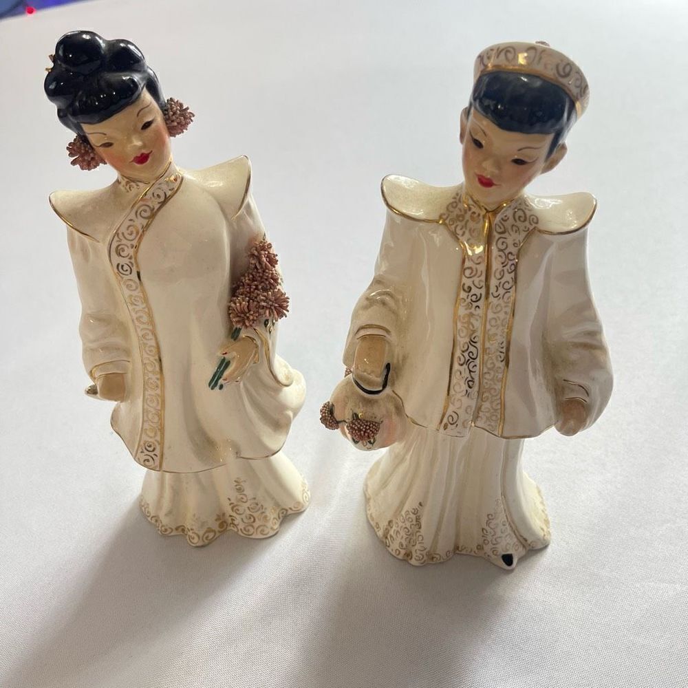 VTG CALIFORNIA POTTERY FLORENCE CERAMICS SPAGHETTI TRIM ORIENTAL FIGURINES
